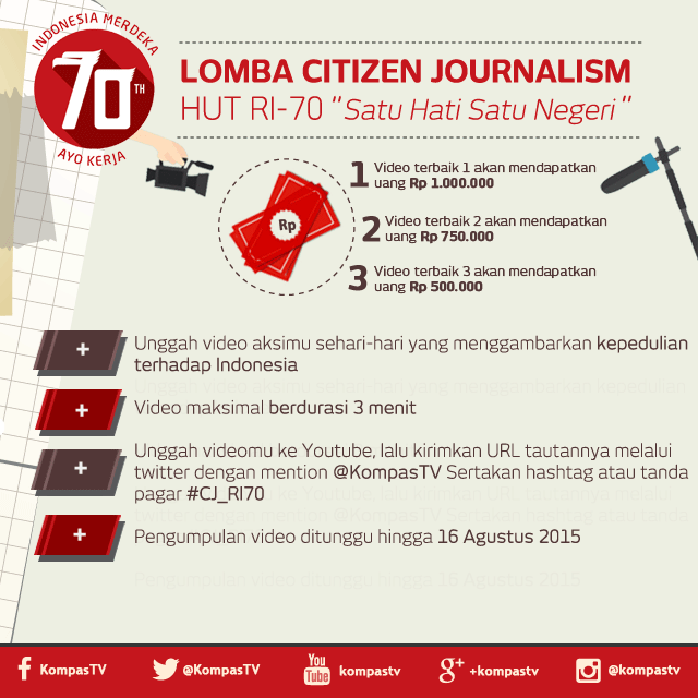 KompasTV's tweet photo. Ingin hadiah? Yuk ikutan lomba Citizen Journalism HUT RI-70 "Satu Hati Satu Negeri". #CJ_RI70 http://t.co/f4eYd3huYU