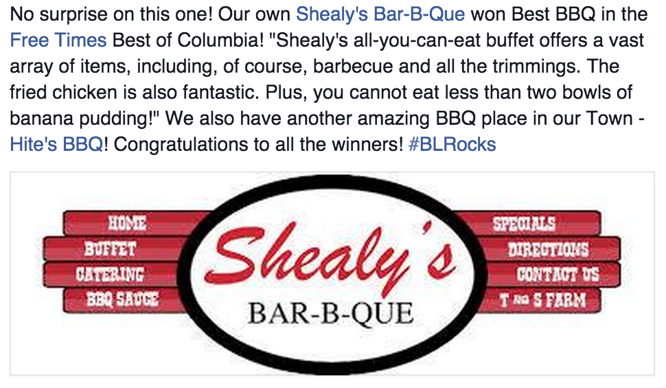 TownofBL's tweet photo. Congratulations to #ShealysBBQ on being named Best BBQ in the @FreeTimesSC #BestOfColumbia #BLRocks http://t.co/6fShLGK94w
