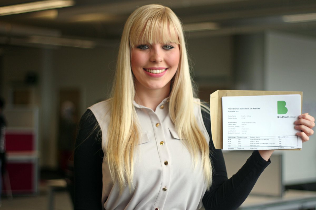 BradfordCollege's tweet photo. Our fab students receiving #ALevel #results today! Overall success for A2 is 97%, 3.1% above nat average #ChooseBC http://t.co/EIgwRgcYeH