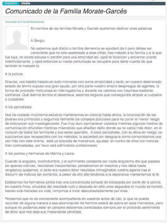ArturoGCampos's tweet photo. Comunicado de la familia del asesino. Coherencia, sensibilidad y actitud intachable. Emociona. http://t.co/4x2Z9cr0NM