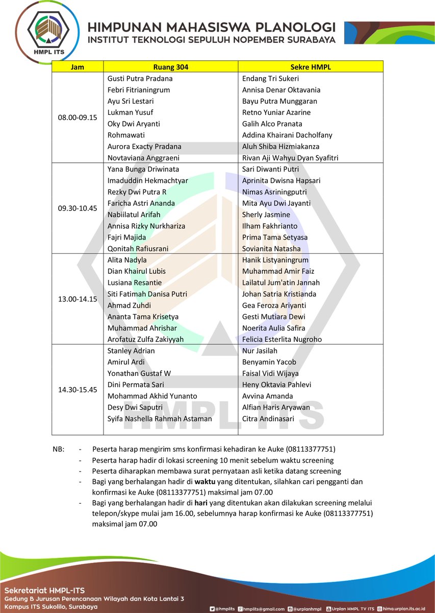 Berikut adalah jadwal screening untuk calon staff HMPL ITS 2015-2016 <a href="/ApisDorsata14/">PWK ITS 2014</a>