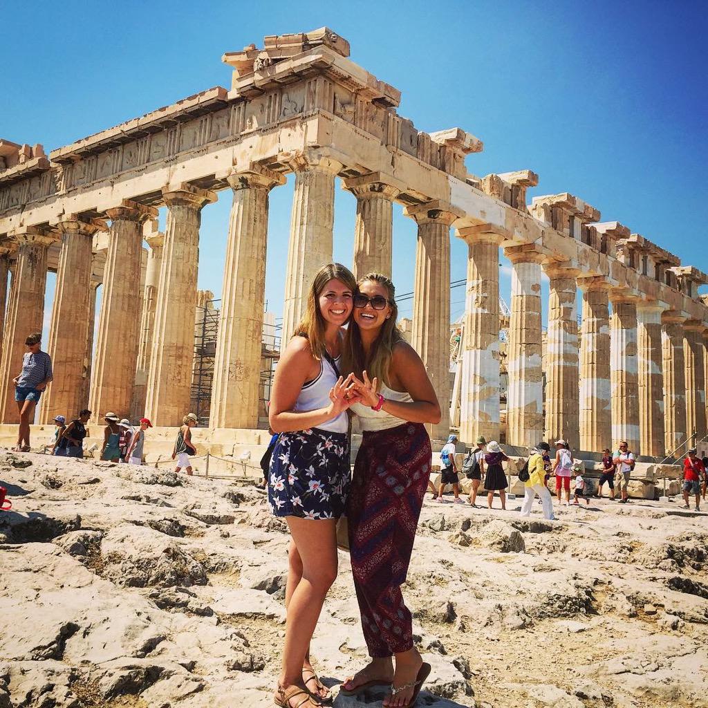 Alumnae @cyntharoonie10 and her sister Simone (biological and ZTA!) throw the crown in Athens! #themisthursday