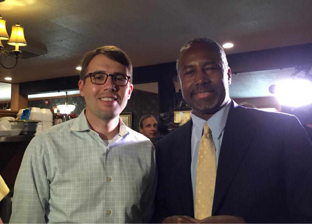 tuohy's tweet photo. Primary places: @RealBenCarson greets @ChrisPappasNH at the Puritan Backroom. #FITN http://t.co/n9eGTuzjKq