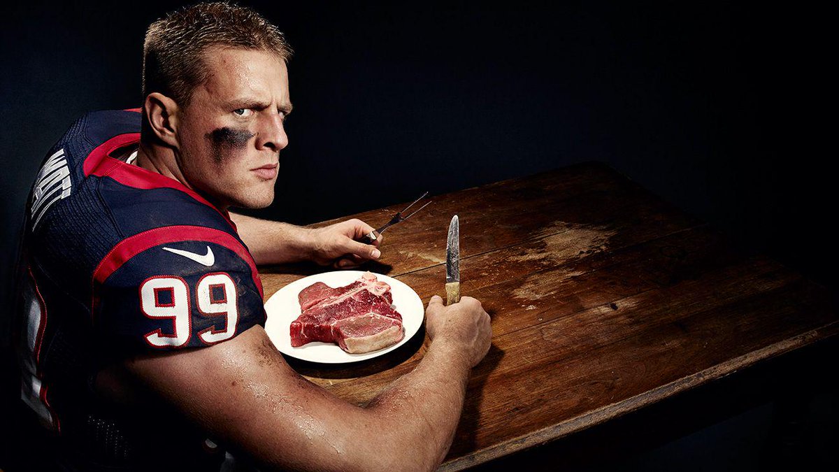 espn's tweet photo. JJ Watt eats 9,000 (NINE THOUSAND!) calories per day to maintain his physique ... seriously: http://t.co/asBpc8opww http://t.co/INqqa9thIf