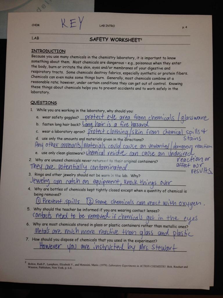 Lab Safety Worksheet Answers Unit 1: Science Skills & Safety