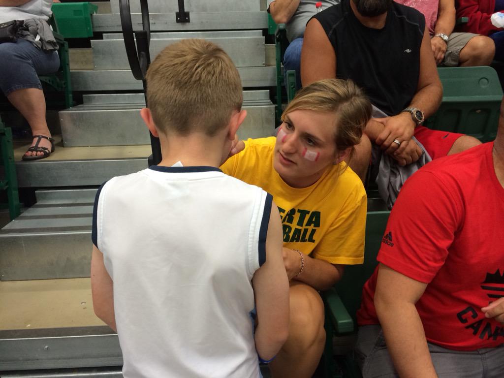 pandasbball's tweet photo. Pandas working hard in the crowd to make sure the crowd is ready for #canvscuba #FIBAAmericasWomen2015 http://t.co/rKRbSC4obG
