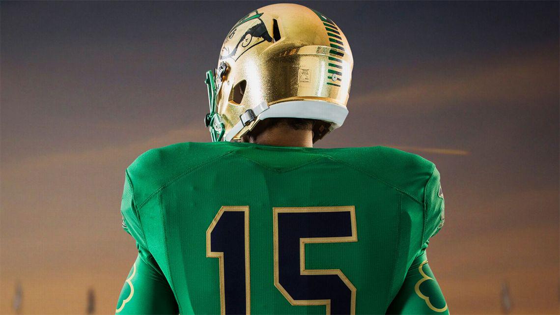 ESPNCFB's tweet photo. Notre Dame will be wearing new all-green uniforms for Shamrock Series game vs. Boston College. (via @darrenrovell) http://t.co/HuE1FF30ZX