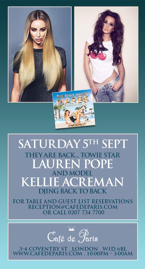 soundagentsmgt's tweet photo. @LaurenPope @djkellieacreman  will be dj'ing @CafedeParisLDN on 5th sept. #towie #londonlife #topdjs #fashion http://t.co/RiVndqJyRR
