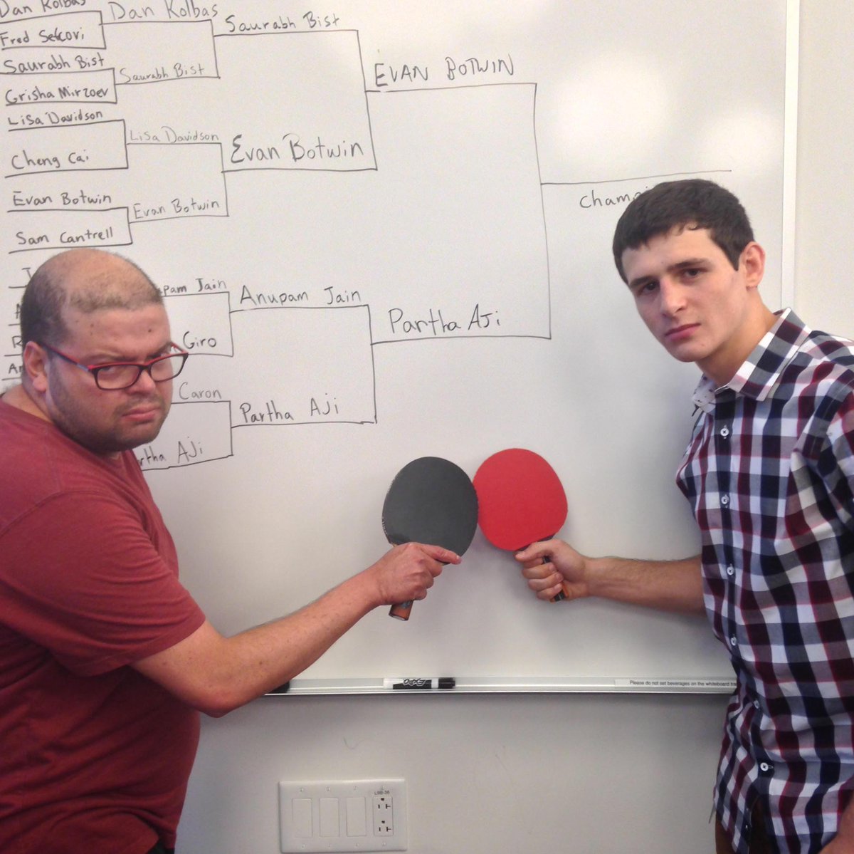 RedHatJobs's tweet image. The Red Hat Tower ping pong tournament came down to these two competitors. See the photos: ow.ly/QSq0w