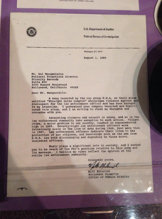 swin24's tweet photo. the letter the @FBI sent out in August 1989 regarding "Fuck tha Police": http://t.co/8XIXpUqHrV #StraightOuttaCompton http://t.co/67eYCPkFTc