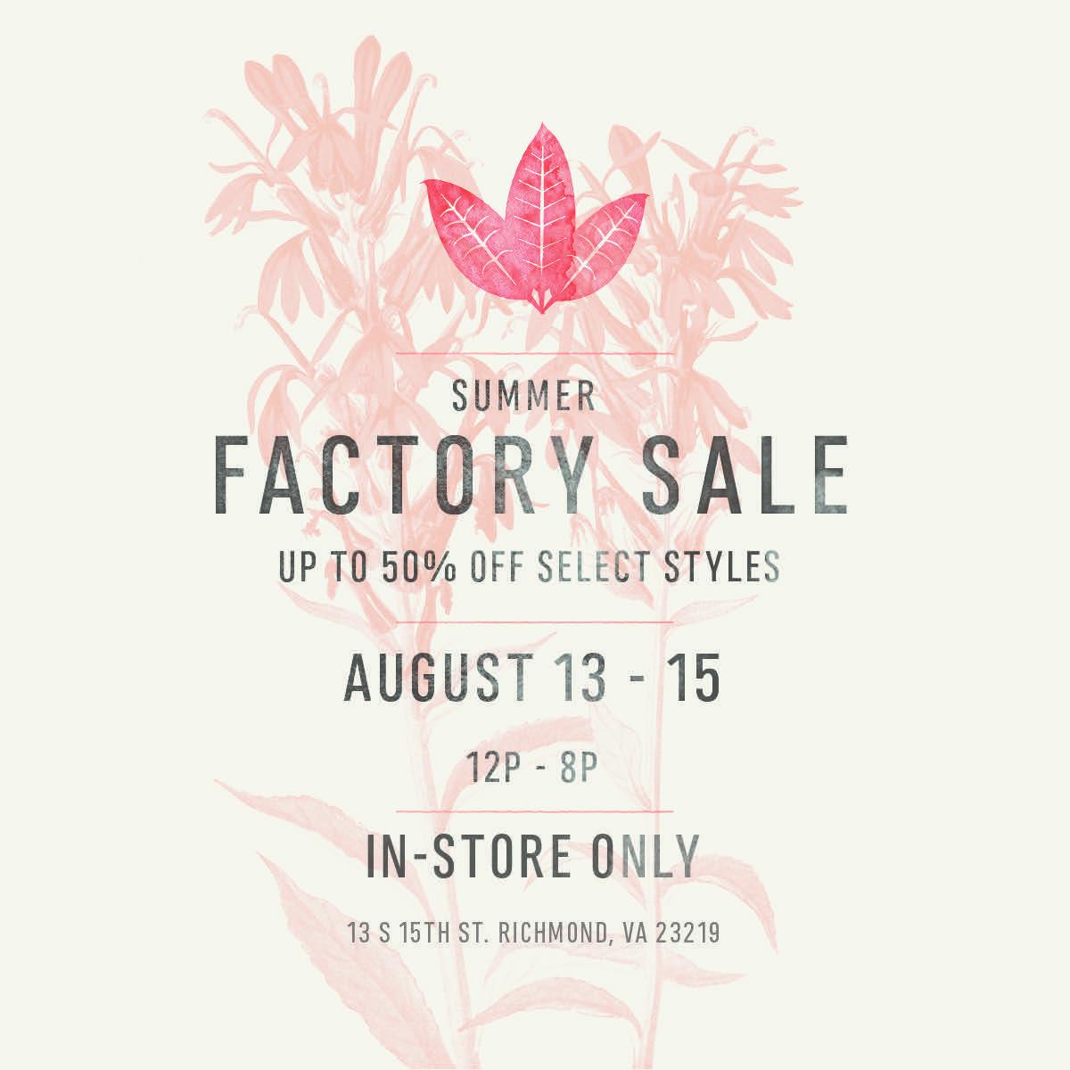 Summer Factory Sale!  Come on down to stock up on your favorite #madeinrva jeans.  Up to 50% off!  Thu-Sat 12-8pm