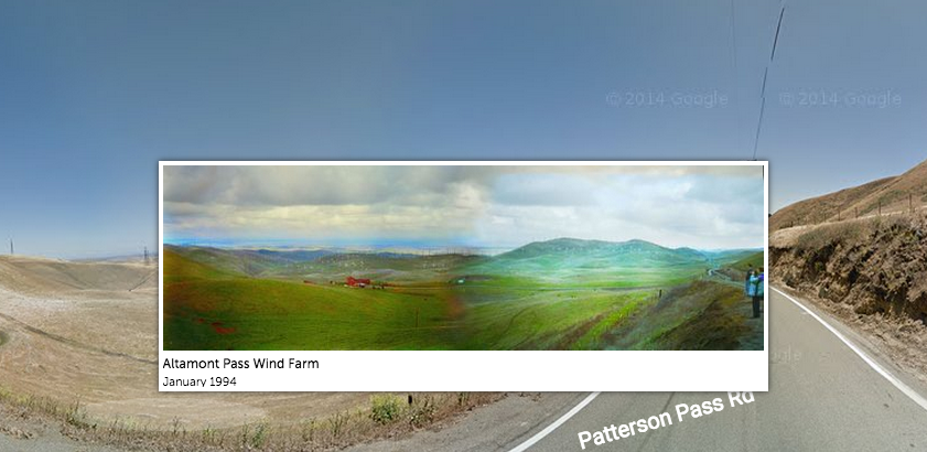 yearofthebay's tweet photo. Clear effects of CA’s drought via this Altamont Pass overlay of user elantra’s 1994 pin: http://t.co/fjylKquOOW http://t.co/9rqan2Z8VI