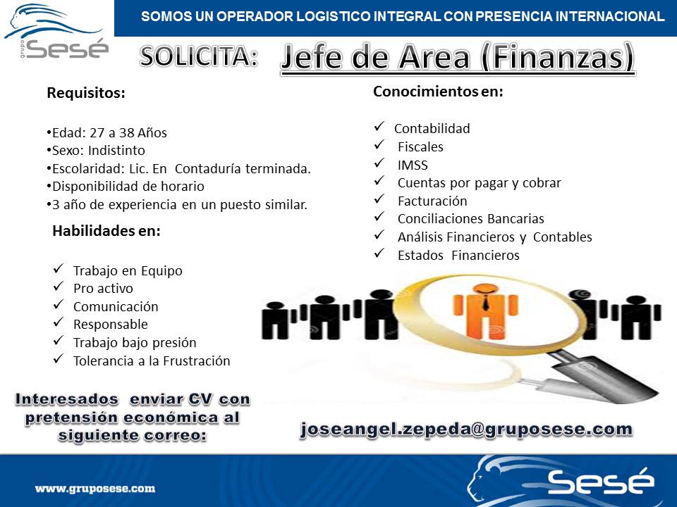 Grupo SESE,
Les Informa de su vacante disponible en #Finanzas en la Ciudad de Puebla. #empleo