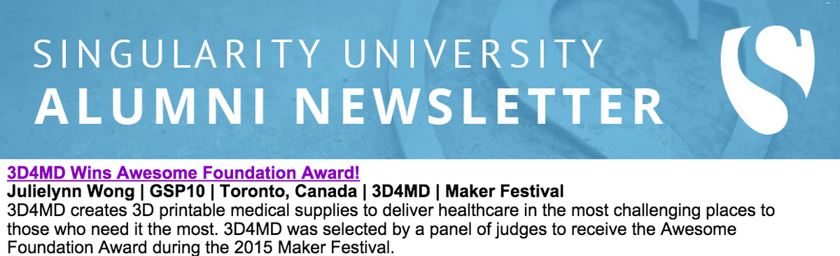 Check out nice <a href="/singularityu/">Singularity</a> mention of @3d4md's <a href="/julielynnwong/">Julielynn Wong</a> winning the <a href="/AwesomefoundTO/">Awesome Foundation</a> Award <a href="/MakerFestivalTO/">Maker Festival</a>!