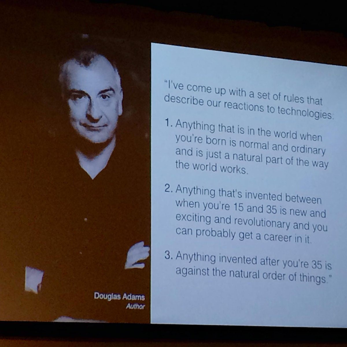 art_cathyhunt's tweet photo. Reactions to technology from Douglas Adams via @chrisbetcher speaking at #iii2015 
#edtech #ipaded http://t.co/1BZolRZQv1