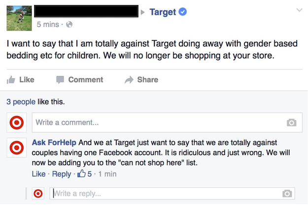 BuzzFeed's tweet photo. A guy posed as a Target customer service rep on Facebook to troll gender-neutral haters http://t.co/s4uUXPhhRt http://t.co/dA3ifzuF6S