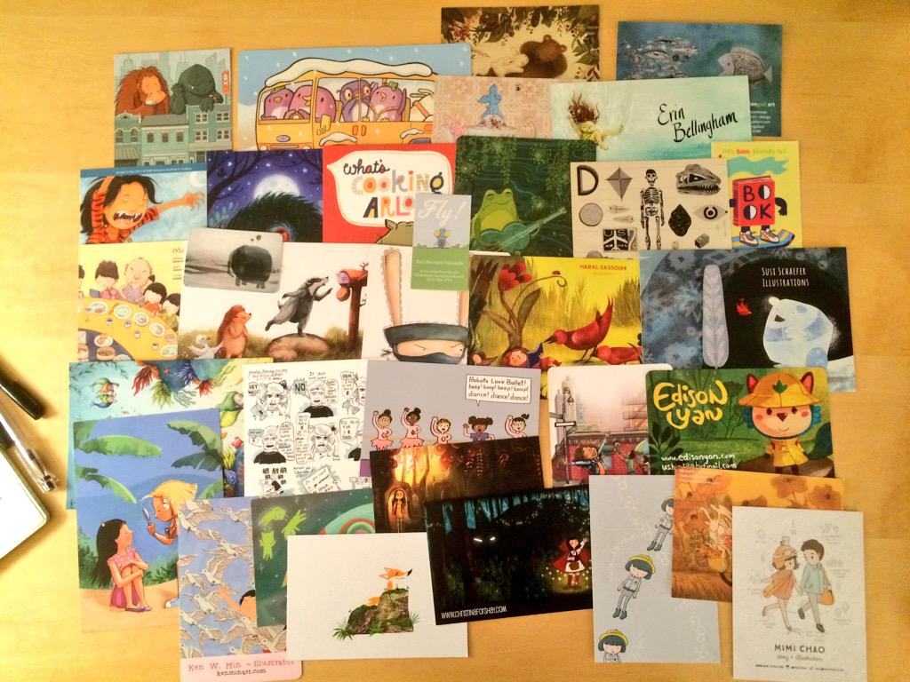 pinocastellano's tweet photo. I didn't go to #LA15SCBWI, but @BonnieBader did, and she brought me these fantastic postcards. #kidlitart http://t.co/aHWsOvoB1a
