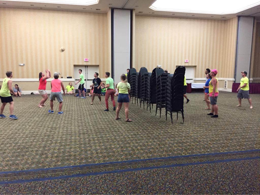 temple_tech's tweet photo. A bunch of chairs has turned into Ball Room Volleyball 😎 #TBCtakesPCB http://t.co/TUDiNtqVWM