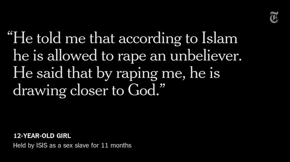 nytimes's tweet photo. The rape of women and girls has become deeply enmeshed in the radical theology of ISIS http://t.co/8rViBbWOw4 http://t.co/eX02R9eXAy