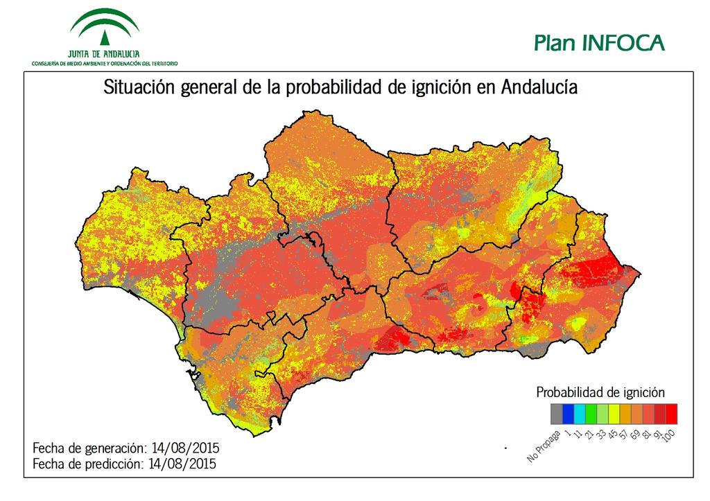 Plan_INFOCA's tweet photo. Este es el mapa de probabilidad de ignición para hoy en #Andalucía. Ante cualquier #IIFF, llama a @E112Andalucia http://t.co/MvXz2kmCvq