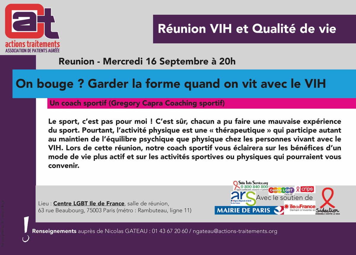 Association_AT's tweet photo. Le 16 septembre @CentreLGBTParis : réunion "On bouge ? Garder la forme quand on vit avec le VIH" #VIH http://t.co/WlGtwNDM2U