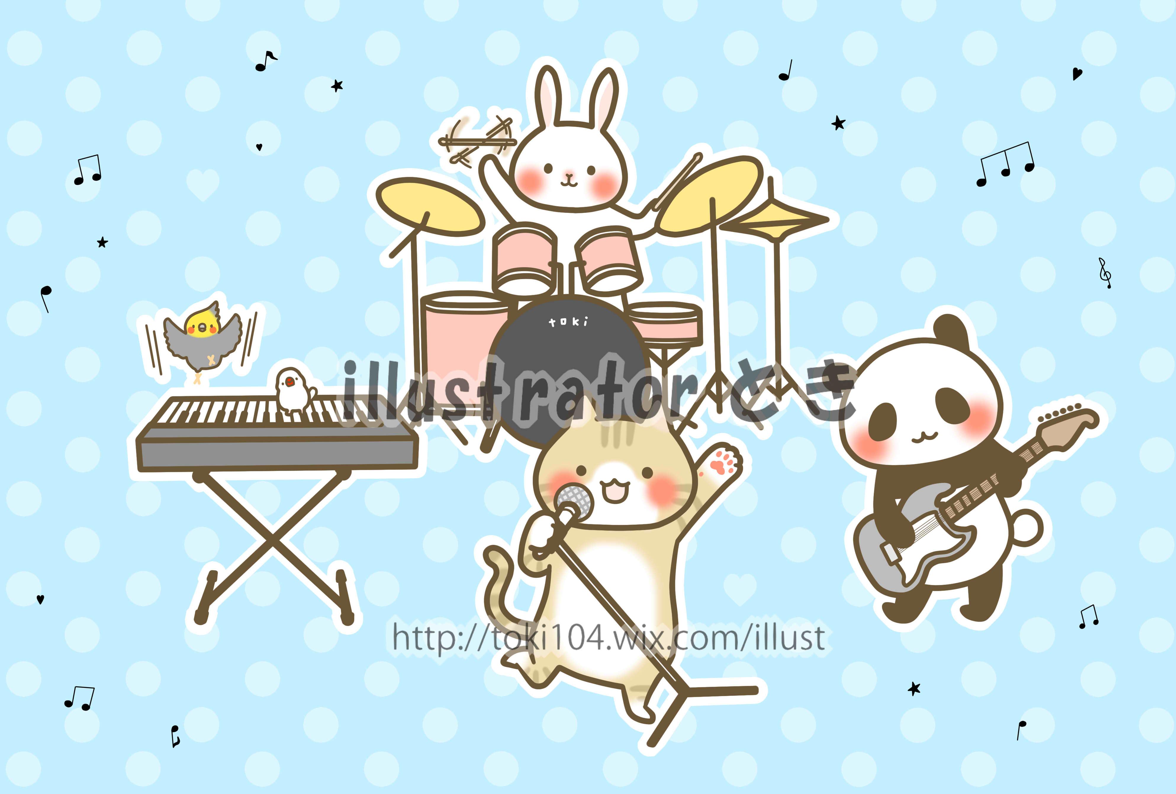 とき 10 22 23大阪で鳥さんのイベント 動物さん達がバンドを組みました てづくりバザールのブースナンバーが届きました ４日間 しー１１ です イラスト てづバ 猫 ギター パンダ バンド うさぎ ドラム 文鳥 キーボード Arthandmade Http T