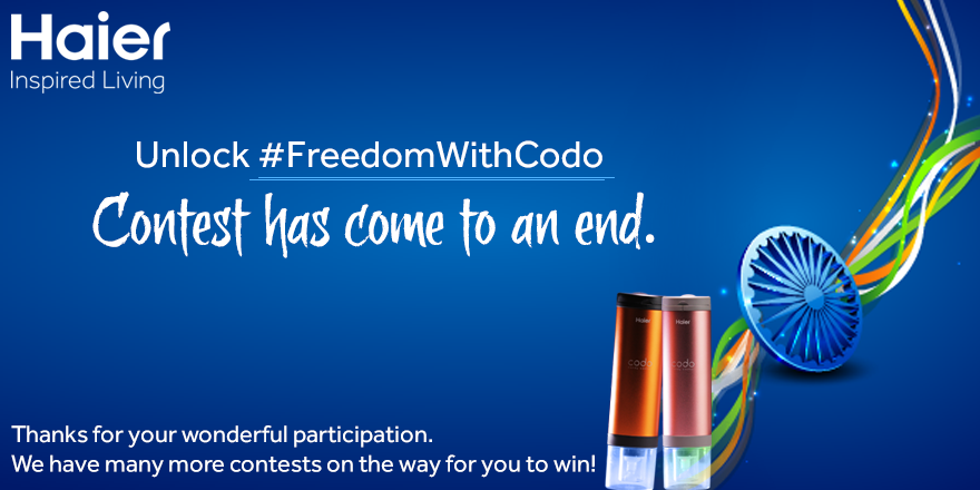 IndiaHaier's tweet photo. Hey, guys! Unlock #FreedomWithCodo Contest has come to an end.
Thanks for your wonderful participation! http://t.co/opHsRyfbny