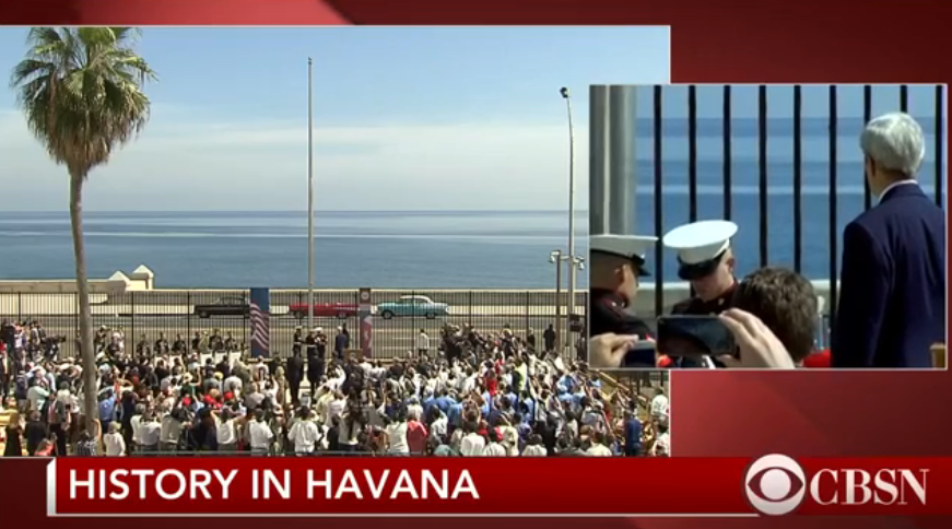 CBSNews's tweet photo. WATCH LIVE: In historic move, @JohnKerry reopens U.S. embassy in Havana, #Cuba http://t.co/9HS3dIzTvS http://t.co/dq5bg2SkgR