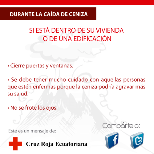 cruzrojaecuador's tweet photo. #VolcanCotopaxi ¿Qué hacer durante la caída de ceniza si estás en casa? Más recomendaciones en http://t.co/1wmHwZkQAc http://t.co/eq3I33TGIR