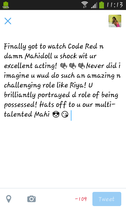 kimberly_yash's tweet photo. @Mahima12Makwana doll had 2 tek screenshot caz twitter wudnt allow nuff word but u were brilliant as Riya in Code Red http://t.co/YuoiM0ZjeY