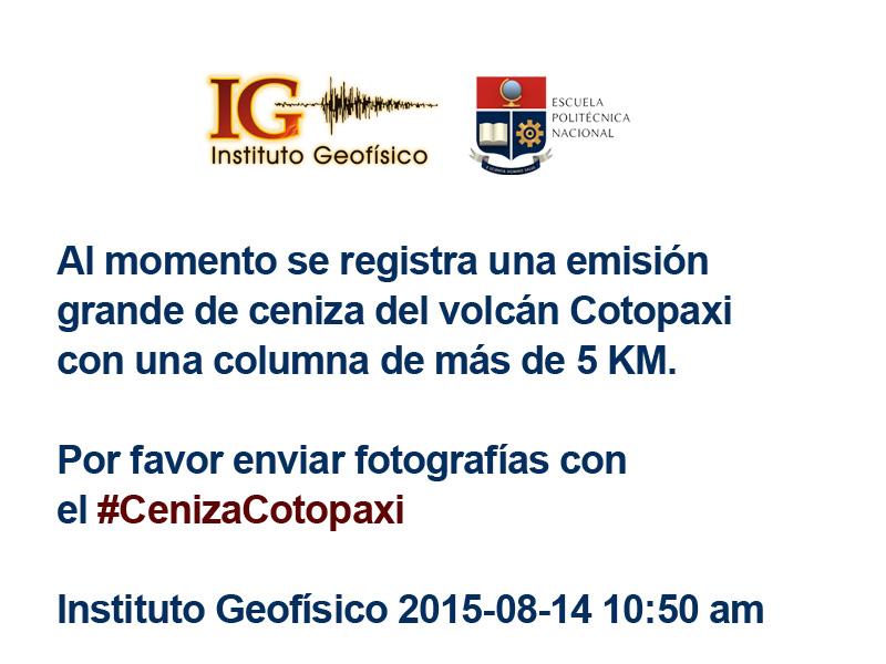 IGecuador's tweet photo. Se registra una emisión grande de ceniza volcán #Cotopaxi con columna de más 5 KM.Enviar fotografías #CenizaCotopaxi http://t.co/9BESxAMJLn