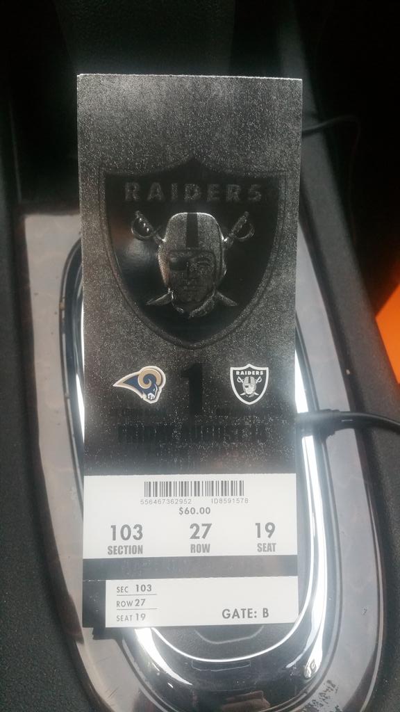 JaimeGonzo72's tweet photo. First Raider game in Oakland....free tickets can pass them off #firstraidergame #Raiders #excited #freeticket http://t.co/ck5wj2LGP8
