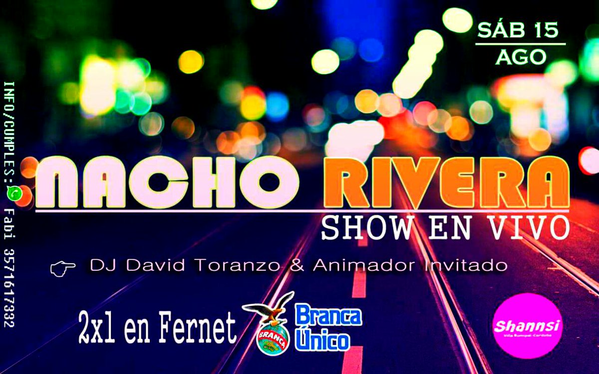 Tomorrow...

Show en VIVO:

#NachoRivera

#2x1 en Fernet BRANCA

#Anticipadas: $30 c/cons

TEL: 3571617332

#SHANNSI