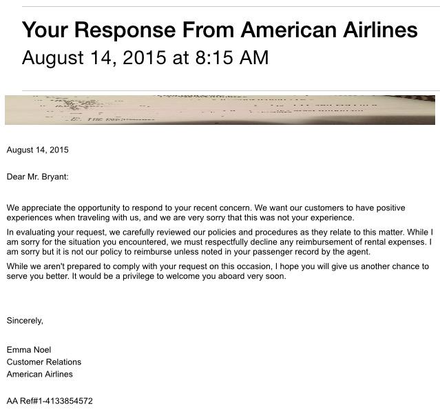 awbryan4's tweet photo. @AmericanAir canceled 2 flights on our honeymoon trip. They told us our rental car would be covered.. Now we get this http://t.co/AKVp6E0Oz1