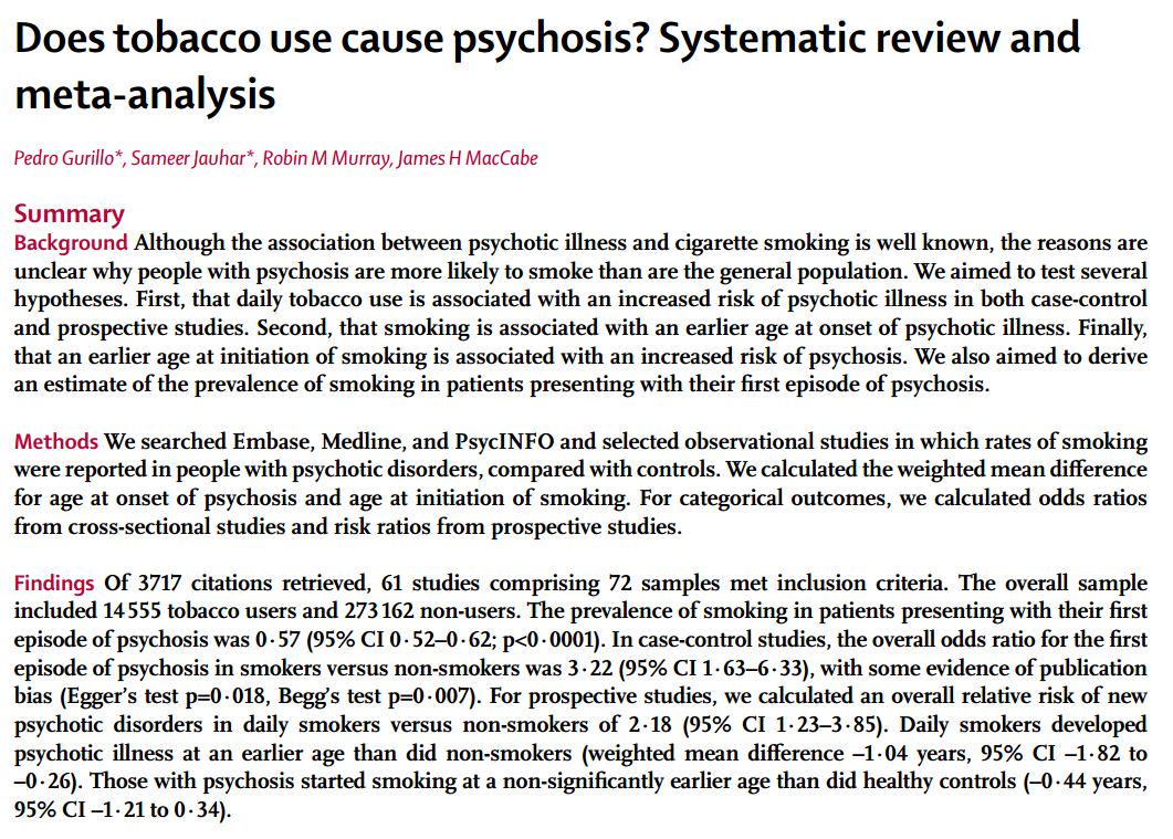 TheLancet's tweet photo. Does tobacco use cause psychosis? A meta-analysis @TheLancetPsych http://t.co/gkQZpfHLQZ http://t.co/yVlarkUoMC