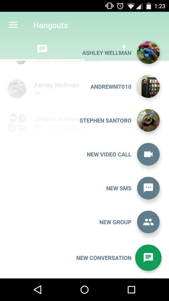 hyunwooUX's tweet photo. Lovin' the new Google hangout update (so far). Quick select to start new convo! #android #ux #googlehangouts http://t.co/ZdxRZmkCdi