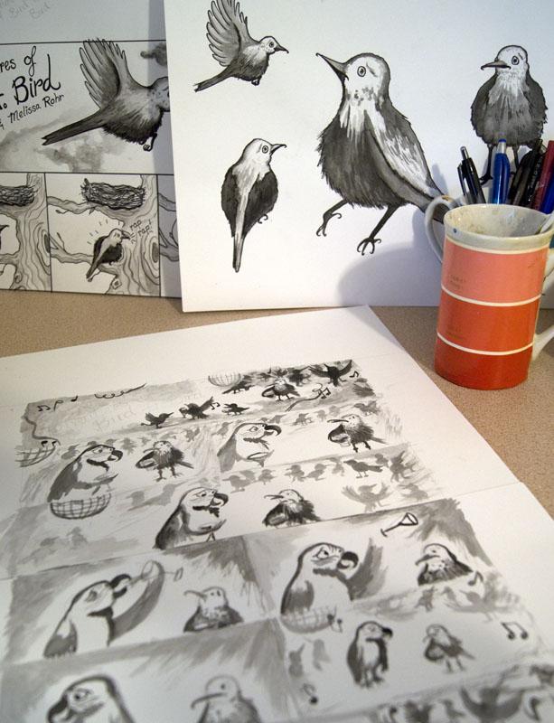 TheTwistedLoop's tweet image. A shot of @TheInkyOctopus work station with original panels of "Bird H. Bird." #illustration #comics #webcomic #art