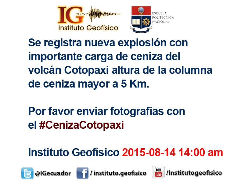 Nueva explosión con importante carga de ceniza del volcán #Cotopaxi altura de la columna de ceniza mayor a 5 Km.
