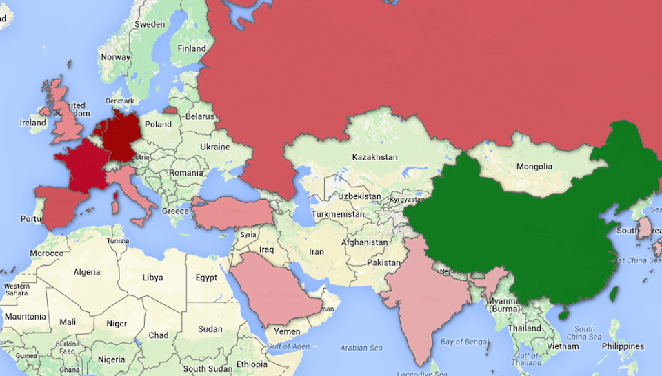 This map shows the global impact of China’s dramatic currency devaluation. atfp.co/1NuQ88z
