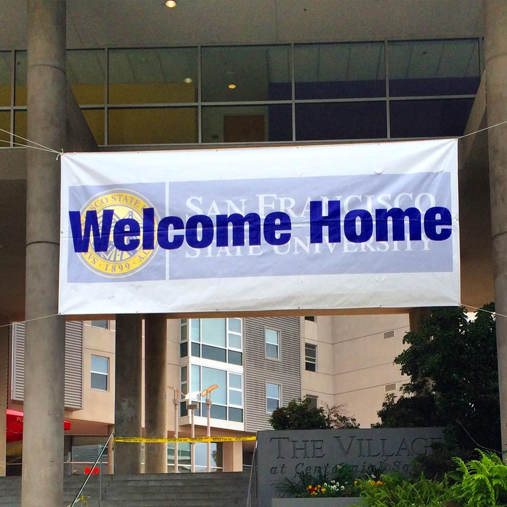 SFStateResLife's tweet photo. The banner is up! Ready to welcome everyone home next week Thursday!

But for now, happy Purple Friday! #SFSU http://t.co/ubY4Yn07PY