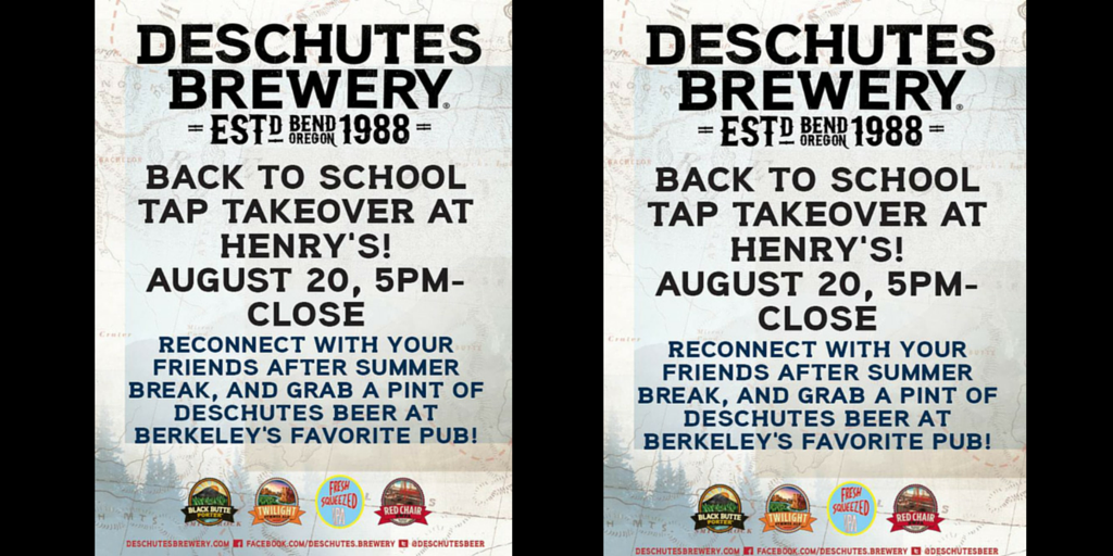 HotelDurant's tweet photo. Deschutes Brewery is having a Back to School Tap Takeover! August 20th 5pm- Closing! http://t.co/8aBuDvze4k