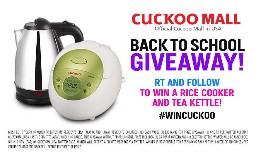 cuckoomallusa's tweet photo. #BackToSchool Giveaway!
RT and Follow to #win a #RiceCooker and #TeaKettle!
#WinCuckoo #giveaway http://t.co/qzavZTx8PS