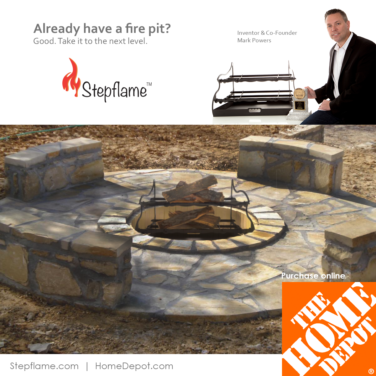 Stepflame's tweet image. Already own a #FirePit? #StepFlame™ offers you what no other fireplace grate offers. homedepot.com/s/stepflame?NC…