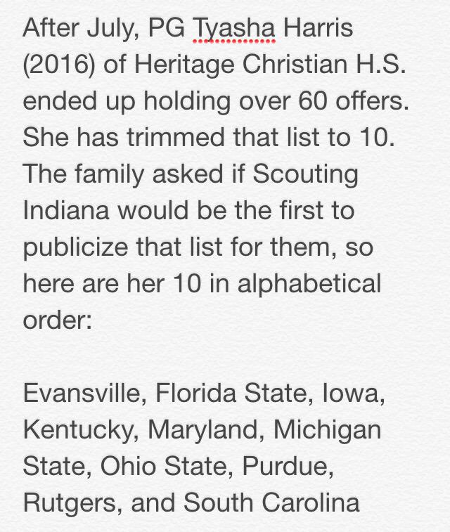 PGHIndiana's tweet photo. Tyasha Harris has trimmed her list down to 10...click pic
@KyleNeddenriep @ASGR1995 @Raoul_000 @CGBR27 @coachbeckett http://t.co/dCbrimhmtH