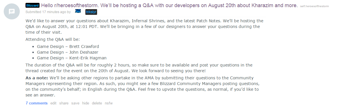 Heroes of the Storm on X: We'll be hosting a Q&A on r/HeroesoftheStorm on  August 20th, 2015. Mark your calendars! >    / X