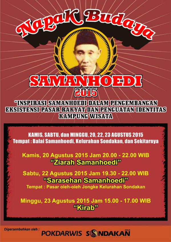 AgendaSOLO's tweet photo. #TODAY Sarasehan Samanhoedi 
Sabtu, 22 Agustus 2015 pkl 19.30-22.00 WIB 
di Pasar oleh-oleh Jongke http://t.co/Bfln3DWVou