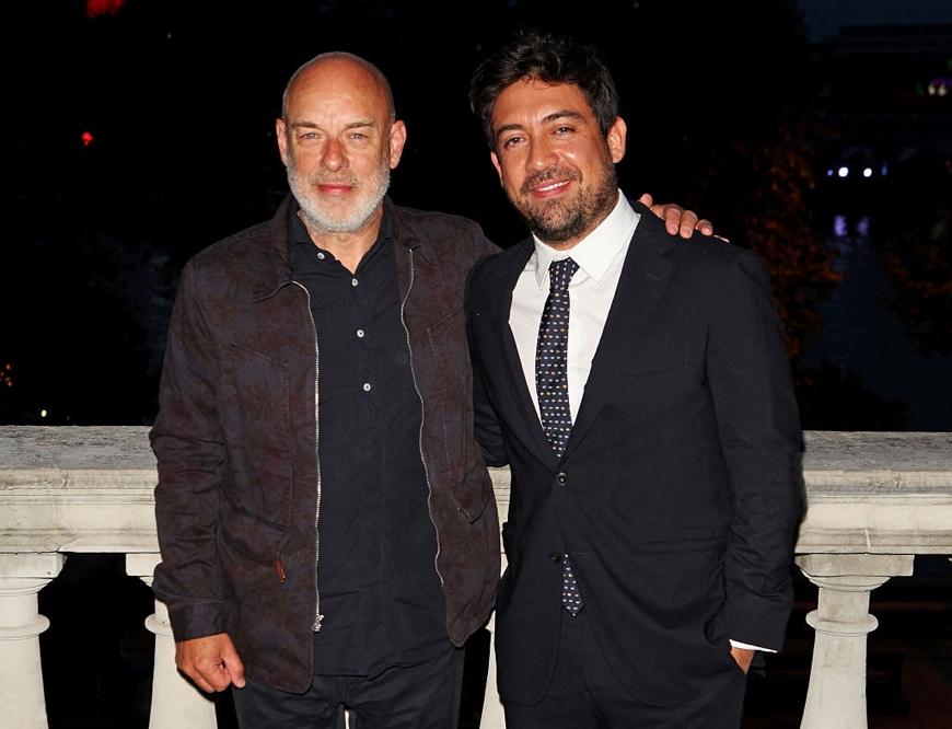 dark_shark's tweet photo. Brian Eno and director of Me &amp; Earl &amp; The Dying Girl, Alfonso Gomez-Rejon, Somerset House, London, August 19, 2015 http://t.co/FvVtlTQ1RG
