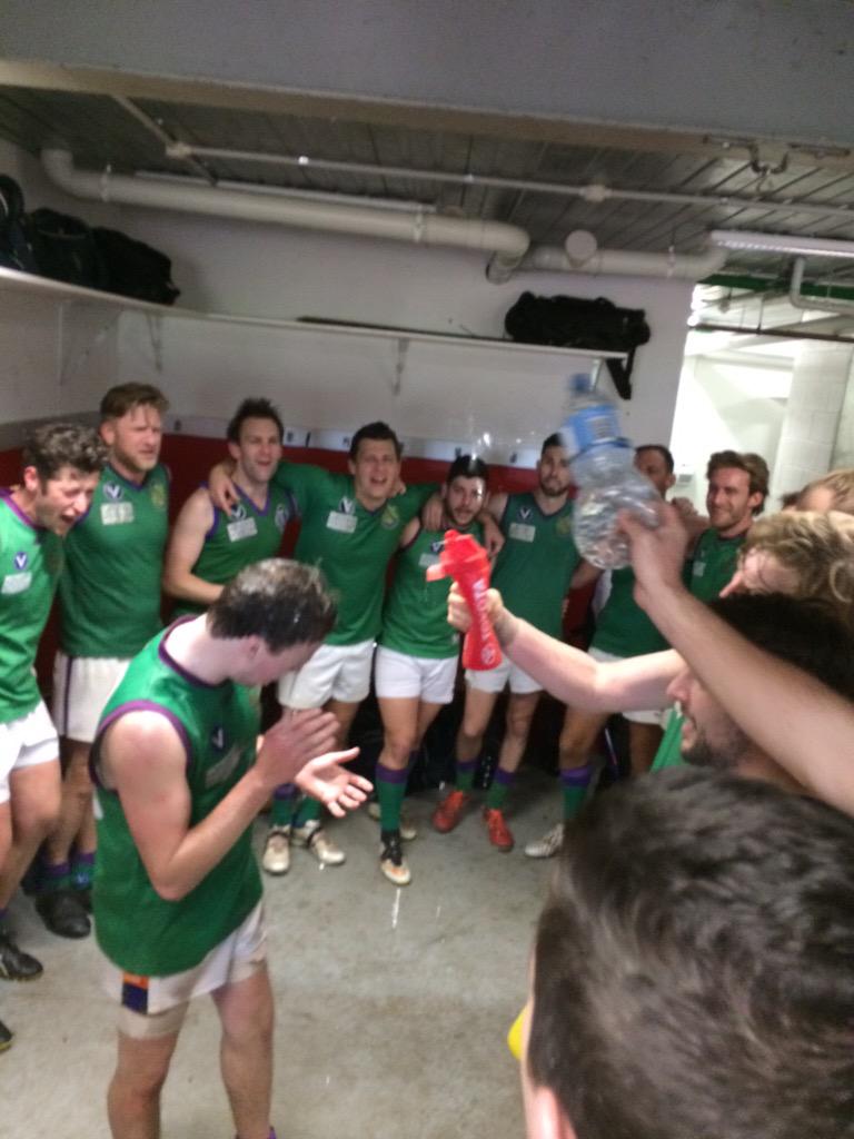 oldparadiansfc's tweet image. Marcus Nolan gets the traditional hosing down in the huddle after the OPs deferred Sth Melb.  Finals here we come.
