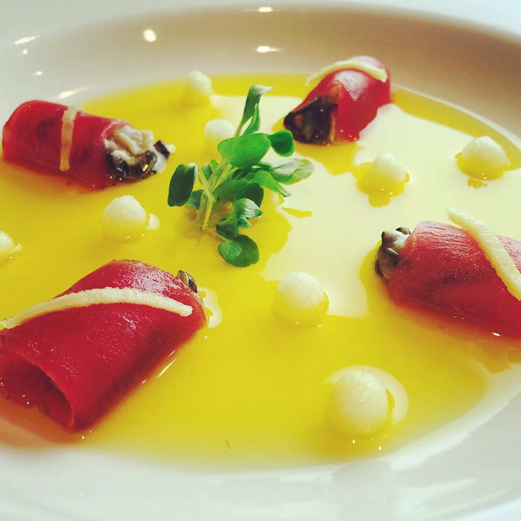 Wow! Ahi tuna wrapped oysters in tomato saffron water, apples &amp; pickled ginger <a href="/moto_restaurant/">Moto Restaurant</a> #CharlieTrotterDay