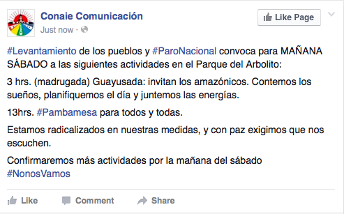 shababaty's tweet photo. #ParoNacional 
La @CONAIE_Ecuador anuncia actividades #15A #Arbolito
13PM invita a #Pambase 
Si van PF llevar viveres http://t.co/bWsUhrp8LH